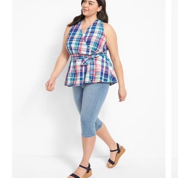 Lane Bryant Classic Surplice-Neck Belted Top 22 NEW Plaid Halter‎ Linen Cotton - Picture 3 of 14